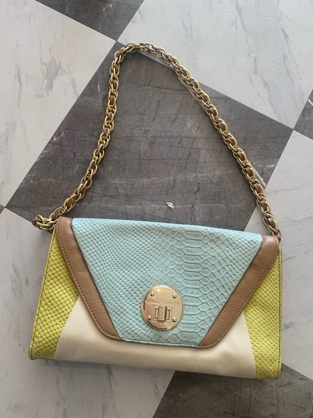 Elliott Lucca Pastel Colorblock Chain Crossbody — Light Blue, Yellow, Cream, Tan